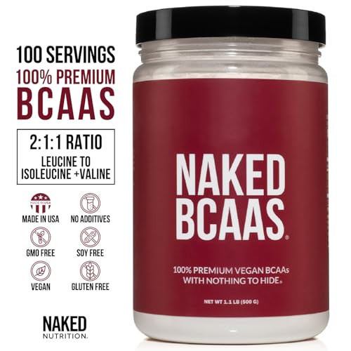 NAKED BCAAs Amino Acids Powder, Only 1 Ingredient, Pure 2:1:1 Formula, Vegan Unflavored Branched Chain Amino Acids, Instantized All Natural BCAA Supplement - 500 Grams, 100 Servings