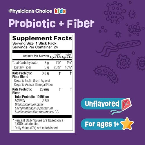 Physician's Choice Kids Probiotic + Prebiotic Fiber Packets (Ages 1+) - Supports Regularity, Occasional Constipation & A Healthy Digestive System - No Allergens or Preservatives - Unflavored - 24 Pack