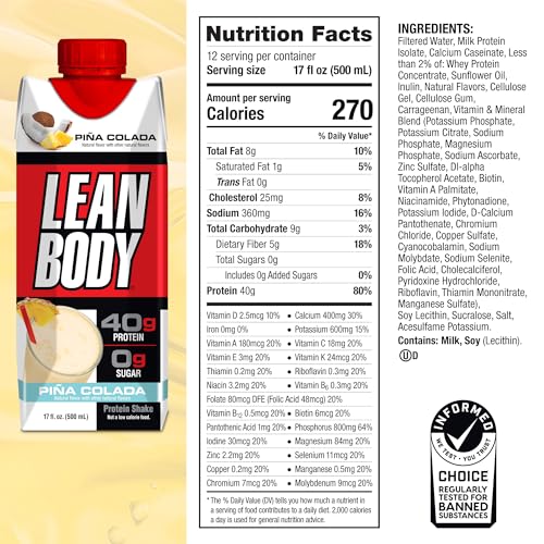 Lean Body Ready-to-Drink Pina Colada Protein Shake, 40g Protein, Whey Blend, 0 Sugar, Gluten Free, 22 Vitamins & Minerals, 17 Fl Oz (Pack of 12)