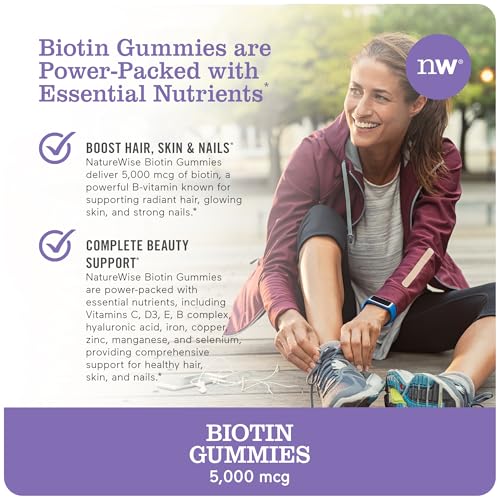 NatureWise Biotin Gummies - Hair, Skin and Nails Supplement - Vitamin B7 5000mcg Supports Hair and Nail Strength - Strawberry-Kiwi Flavor - Vegan, Non-GMO, Gluten Free - 180 Count[3-Month Supply]