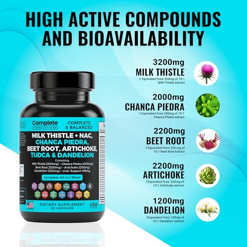 Milk Thistle 3200mg + NAC, Chanca Piedra 2000mg, Beet Root 2200mg Artichoke 2200mg, Dandelion Root 1200mg, TUDCA & Complete Liver Support Supplement Blend | 60 Capsules