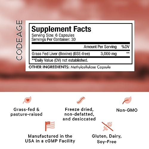 Codeage Grass Fed Beef Liver Supplement Superfood, Freeze Dried, Non-Defatted, Desiccated Beef Liver Glandulars Bovine Pills, Liver Health, Pasture Raised Beef Vitamins, Non-GMO, 180 Capsules