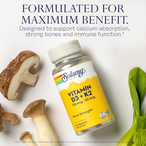 SOLARAY Vitamin D3 K2 - Bone Health and Immune Support Supplement - With 5000 IU Vitamin D as Vit D3 and 50 mcg Vitamin K2 as Menoquinone MK7, Made Without Soy, 60-Day Guarantee, 120 Serv, 120 VegCaps