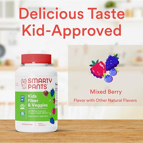 SmartyPants Kids Fiber & Veggies: Prebiotic Fiber Gummies for Kids, Fiber Supplement with Inulin, Organic Green Veggie Blend, Vegan, Gluten Free, Mixed Berry Flavor, 60 Count (30 Day Supply)