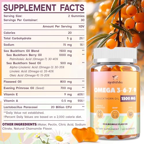 Omega 3 6 7 9 Gummies for Women - Omega 3 Supplement with Sea Buckthorn Oil, Flaxseed Oil, Evening Primrose Oil, Vitamins E, A & Probiotics - Skin, Eye & Dryness, Chamomile Flavor - 60 Gummies