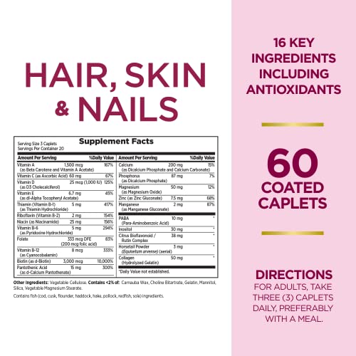 Nature's Bounty Optimal Solutions Hair, Skin & Nails Formula, with 3,000 mcg Biotin, 60 Coated Caplets