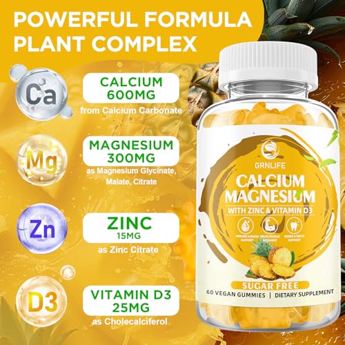 Calcium Magnesium Zinc Gummies with Vitamin D3, Sugar Free Calcium Gummies for Women Men, High Potency Magnesium Gummies for Bone & Muscle & Immune Health, Pineapple Flavor - 60 Count