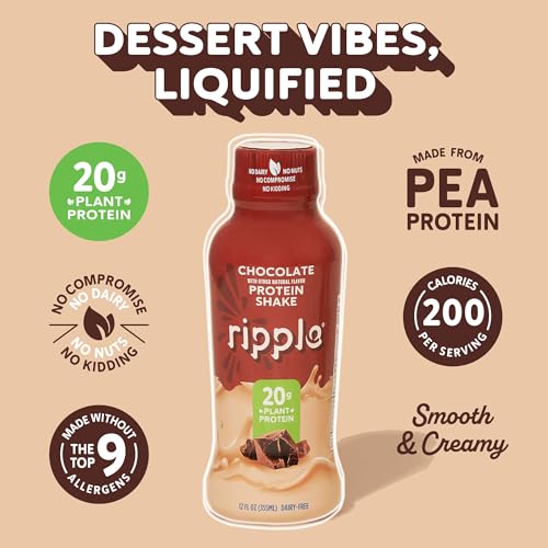 Ripple Vegan Protein Shake | Chocolate | 20g Nutritious Plant Based Pea Protein | Shelf Stable | No GMOs, Soy, Nut, Gluten, Lactose | 12 Oz, 12 Pack