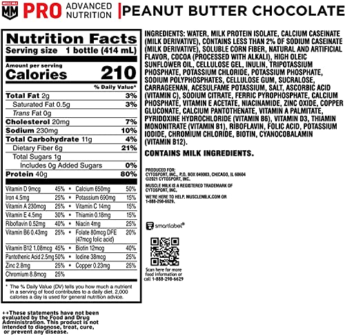 Muscle Milk Pro Series Protein Shake, Chocolate Peanut Butter, 40g Protein, 14 Fl Oz (Pack of 12)