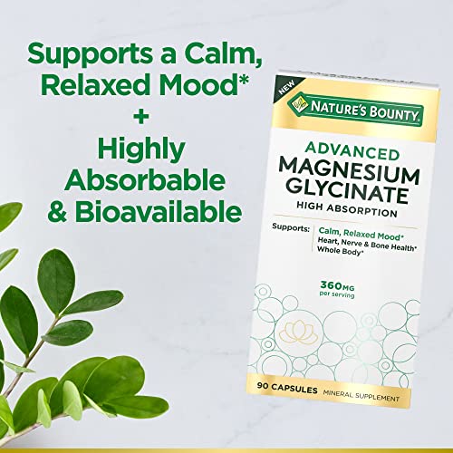 Nature's Bounty High Absorption Magnesium Glycinate, Supports a Calm & Relaxed Mood, Heart, Nerves, Muscle & Bone Health Support, 90 Capsules