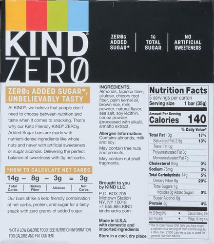 KIND ZERO Added Sugar Bars, Keto Friendly Snacks, Caramel Almond and Sea Salt Flavored, 6.2oz Box (5 Bars)