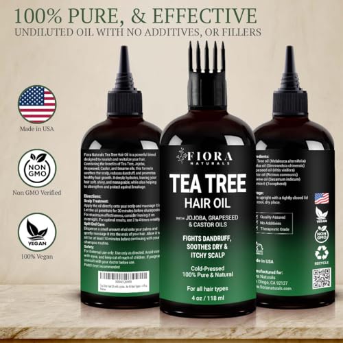 Fiora Naturals Tea Tree Oil for Hair and Scalp - with Jojoba, Grape Seed & Castor Oils - Helps hair growth, Soothes Itchy Scalp & Fights Dandruff - Moisturizes and adds shine - 4 fl oz