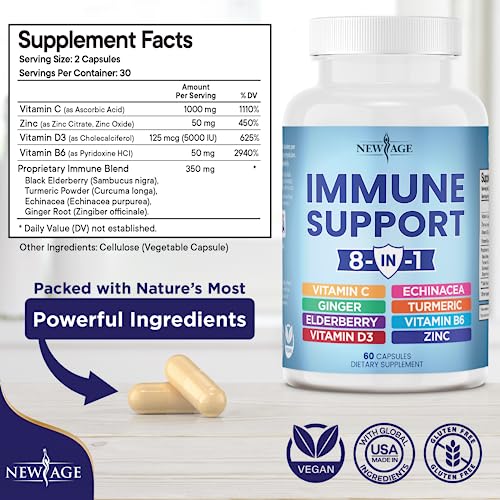 8 in 1 Immune Support Booster Supplement with Echinacea, Vitamin C and Zinc 50mg, Vitamin D 5000 IU, Turmeric Curcumin & Ginger, B6, Elderberry 120 Count (Pack of 2)