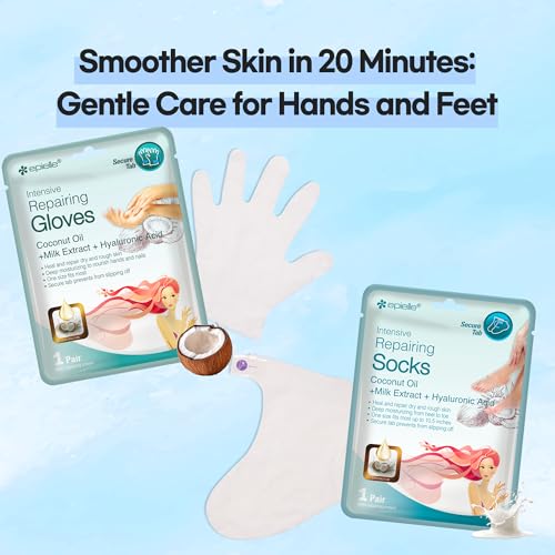 Epielle Intensive Repairing Masks for Hand and Foot (6 Glove & 6Socks) Dry Hand, Dry & Cracked Heel to Toe Spa Masks Coconut Oil + Milk Extract, Easter Gifts