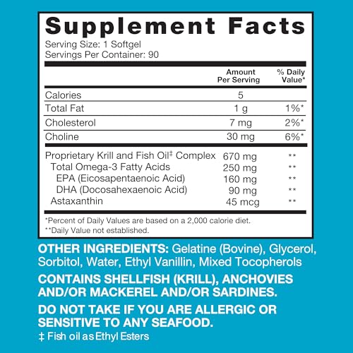 Qunol Advanced Omega 3 Krill and Fish Oil Complex, 10x Better Bioavailability, One Pill Dose, 250mg EPA & DHA, Supports Brain, Eye, Heart and Joint Health, 90 Count (Pack of 1)