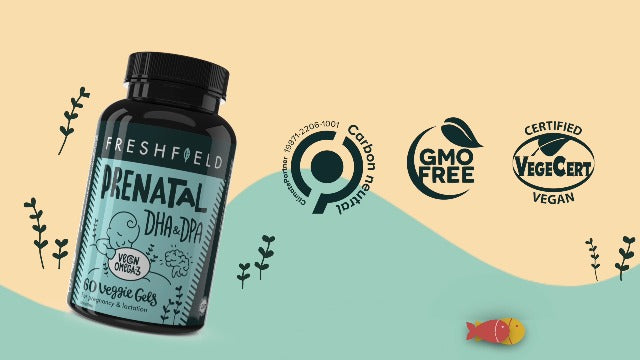 Freshfield Prenatal Omega 3 DHA Supplement: Fish Oil Replacement, Algae Oil, Vegan Friendly Supports Lactation & Brain Development. Mercury Free, Carbon Neutral, Plastic Negative (Prenatal 60)