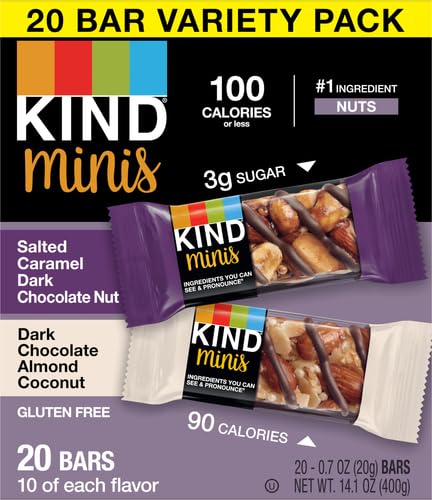 KIND Minis, Salted Caramel Dark Chocolate Nut/ Dark Chocolate Almond Coconut, 0.7 Ounce (Pack of 20)