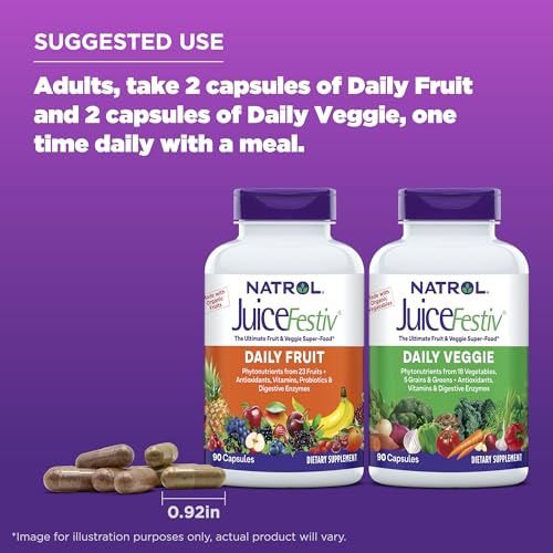 Natrol JuiceFestiv Daily Fruit & Veggie with SelenoExcell and Whole-Food [Phyto]Nutrients, Dietary Supplement Supports Better Nutrition (& overall well-being), 90 Capsules (Pack of 2), 45 Day Supply