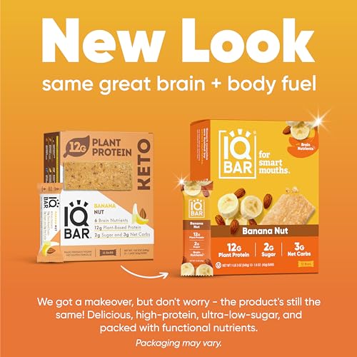 IQBAR Brain and Body Plant Protein Bars - Banana Nut - 12 Count, Low Carb, High Fiber, Gluten Free, Vegan Snacks - Low Sugar Keto Energy Bar Pack