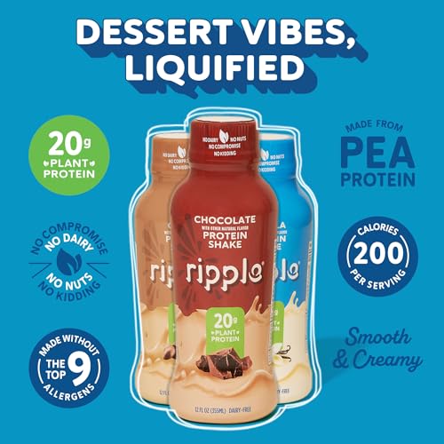 Ripple Vegan Protein Shake | Variety Pack | 20g Nutritious Plant Based Pea Protein | Shelf Stable | No GMOs, Soy, Nut, Gluten, Lactose | (12 Fl Oz (Pack of 12), Variety Pack)