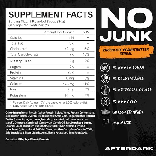 AFTERDARK AfterBites Whey Protein Powder, 25g Protein, 4.5g BCAA’s, Easy Dissolving, No Artificial Colors or Fillers, Isolate Protein, USA Made, 26 Servings, Chocolate Peanut Butter Cereal