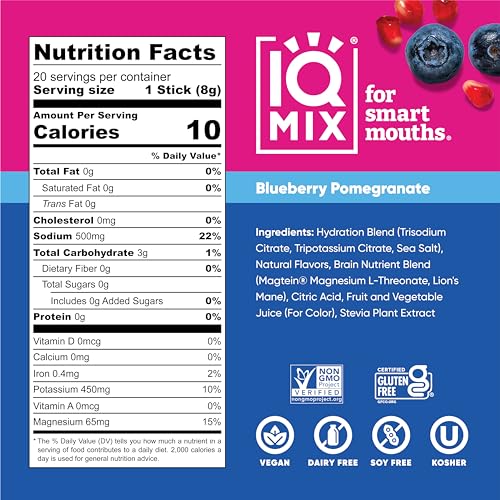 IQMIX Sugar Free Electrolytes Powder Packets - Hydration Supplement Drink Mix with Keto Electrolytes, Lions Mane, Magnesium L-Threonate, and Potassium Citrate - Blueberry Pomegranate (20 Count)