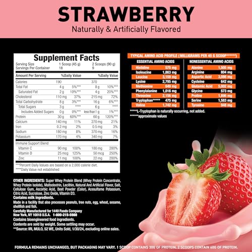 Body Fortress Super Advanced Whey Protein Powder, Strawberry, 60g Protein & 12g BCAAs Per 2 Scoops, Muscle Gain & Recovery, Immune Support with Vitamins C & D, 1.78lb (Packaging May Vary)