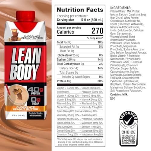 Lean Body Ready-to-Drink Protein Shake, 40g Protein, Whey Blend, 0 Sugar, Gluten Free, 22 Vitamins & Minerals, (Recyclable Carton & Lid - Pack of 12) LABRADA (Chocolate Peanut Butter)