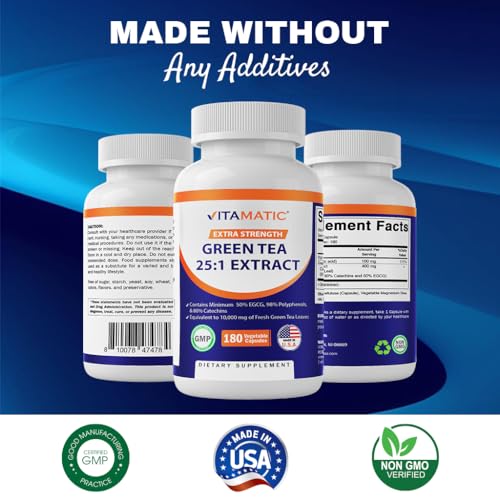 Vitamatic Green Tea Extract with Vitamin C, 25X Concentrate, 98% Polyphenols, 80% Catechins, 50% EGCG, 180 Veg Capsules