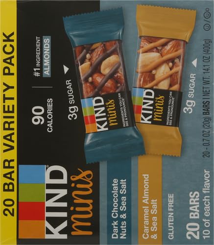 KIND Minis, Dark Chocolate Nuts & Sea Salt/ Caramel Almond & Sea Salt, 14 Oz (Pack Of 20)