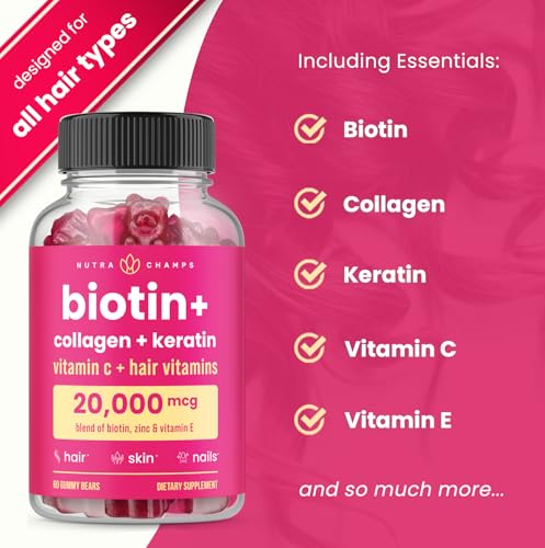 NutraChamps Hair Skin & Nails Gummies | Biotin with Collagen & Keratin | 5000mcg Biotin Beauty Complex | Vitamin Supplement for Women & Men | Berry | Healthy Hair, Radiant Skin & Strong Nails