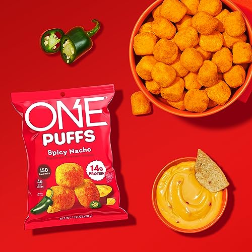 ONE PUFFS, Spicy Nacho Flavor, 14g of Protein, Protein Snacks for On the Go, 150 Calories per Snack (10 Pouches)