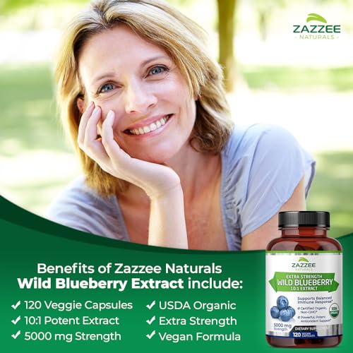 Zazzee USDA Organic Wild Blueberry 10:1 Extract, 5000 mg Strength, 120 Vegan Capsules, 4 Month Supply, Concentrated and Standardized 10X Whole Fruit Extract, 100% Vegetarian, All-Natural and Non-GMO