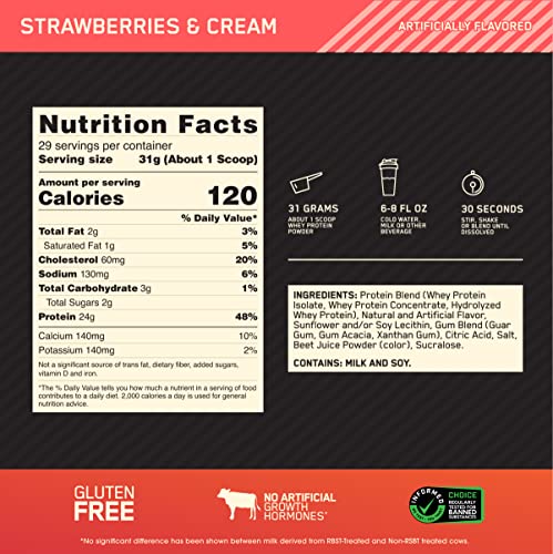 Optimum Nutrition Gold Standard 100% Whey Protein Powder, Strawberries & Cream, 2 Pound (Pack of 1) (Packaging May Vary)