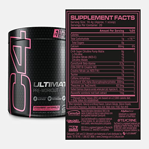 Cellucor C4 Ultimate Pre Workout Powder Watermelon - Sugar Free Preworkout Energy Supplement for Men & Women - 300mg Caffeine + 3.2g Beta Alanine + 2 Patented Creatines - 20 Servings