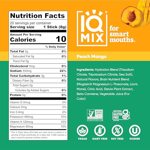 IQMIX Sugar Free Electrolytes Powder Packets - Hydration Supplement Drink Mix with Keto Electrolytes, Lions Mane, Magnesium L-Threonate, and Potassium Citrate - Peach Mango (20 Count)