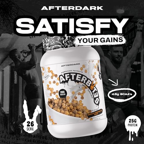 AFTERDARK AfterBites Whey Protein Powder, 25g Protein, 4.5g BCAA’s, Easy Dissolving, No Artificial Colors or Fillers, Isolate Protein, USA Made, 26 Servings, Chocolate Chip Cookie