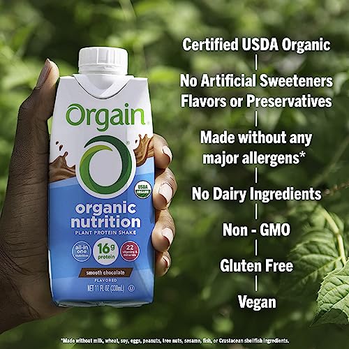 Orgain Organic Nutritional Vegan Protein Shake, Smooth Chocolate - 16g Plant Based Protein, Meal Replacement, 22 Vitamins & Minerals, Fruits & Vegetables, Gluten Free, Non-GMO, 11 Fl Oz (Pack of 12)