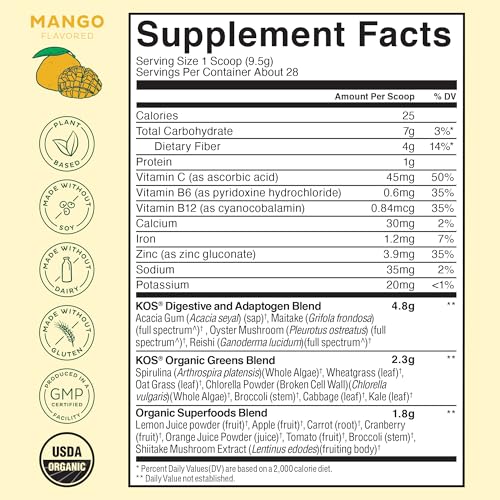 KOS Organic Superfood Greens Powder - Gut Health from Prebiotic Fiber, Supergreens and Adaptogens - USDA Certified Organic, Made in a GMP Certified Facility - 28 Servings Mango