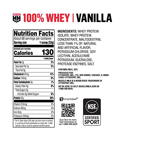 Muscle Milk 100% Whey Protein Powder, Vanilla, 5 Pound, 68 Servings, 25g Protein, 2g Sugar, Low in Fat, NSF Certified for Sport, Energizing Snack, Workout Recovery, Packaging May Vary