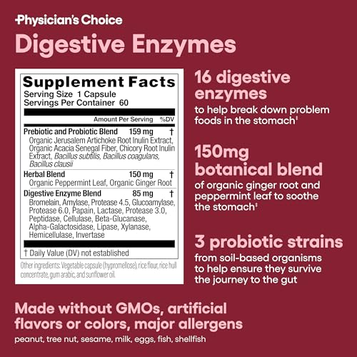 Physician's CHOICE Digestive Enzymes - Multi Enzymes, Organic Prebiotics & Probiotics for Digestive Health & Gut Health - Meal Time Discomfort Relief & Bloating - Dual Action Approach - 60 CT