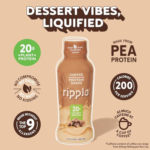 Ripple Vegan Protein Shake | Coffee | 20g Nutritious Plant Based Pea Protein | Shelf Stable | No GMOs, Soy, Nut, Gluten, Lactose (12 Fl Oz (Pack of 12), Coffee)