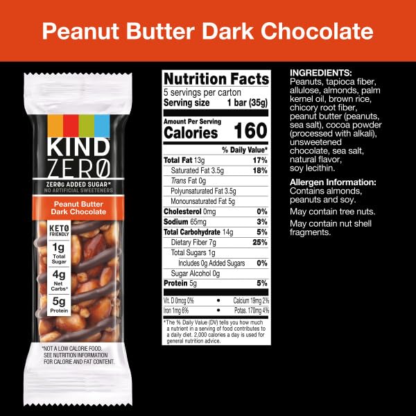 KIND ZERO Added Sugar Bars, Keto Friendly Snacks, Peanut Butter Dark Chocolate, 6.2oz Box (5 Bars)