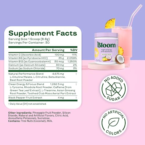 Bloom Nutrition High Energy Pre Workout Powder, Amino Energy with Beta Alanine, Ginseng & L Tyrosine, Natural Caffeine Powder from Green Tea Extract (Bahama Mama, 30 Servings (Pack of 1))