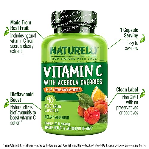 NATURELO Vitamin C with Organic Acerola Cherry Extract and Citrus Bioflavonoids - Vegan Supplement - Immune Support - 500 mg VIT C per Cap - Non-GMO - 90 Capsules