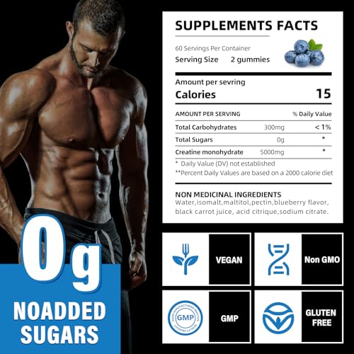 Creatine Monohydrate Gummies 5000mg for Men & Women, Gomitas de Creatina 5g Creatine Monohydrate, 0g Sugar Chewables Creatine Pre-Work Out for Muscle Strength, Vegan,120 Count (120 Count, Blueberry)