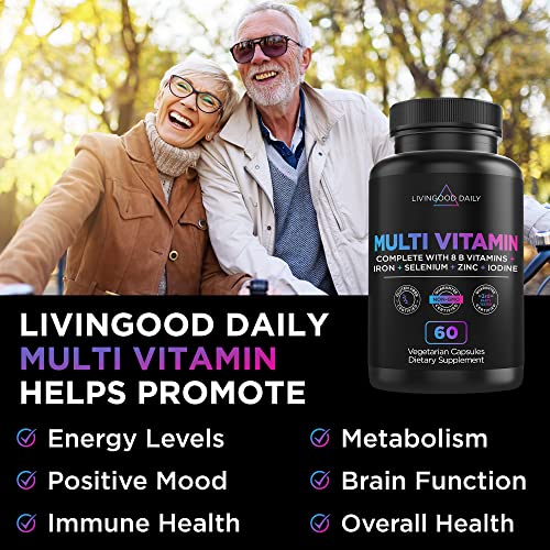 Livingood Daily Methylated Multivitamin for Women & Men, Multi Vitamin - Mineral Supplement Capsules with Iron, B Complex, Selenium, & Zinc - Non-GMO, Gluten-Free, Vegetarian Multi Vitamins for Adults