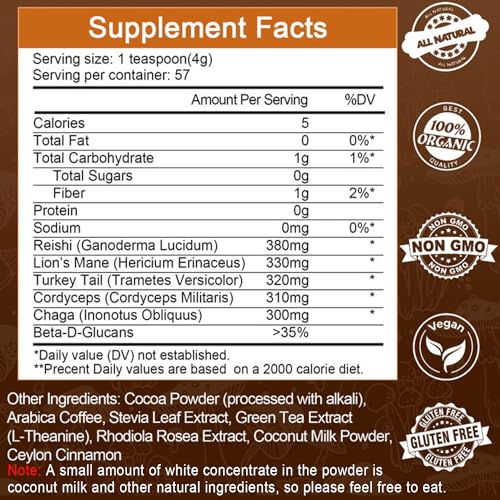 Mushroom Coffee for Smoothies/Latte, Mushroom Powder Blend (57 Servings) with Lions Mane, Reishi, Cordyceps, Turkey Tail, Chaga - Mushroom Supplement for Energy, Focus, Immune Support - 8 oz