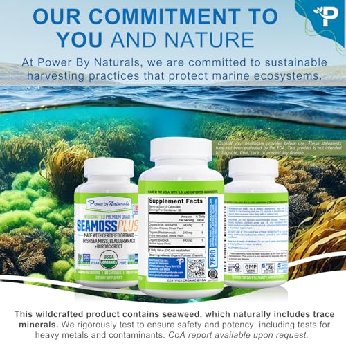 Power By Naturals Sea Moss Plus - USDA Certified Organic Wildcrafted Irish Seamoss, Bladderwrack & Burdock Root, Supplement for Immunity, 60Ct, 2 Pack