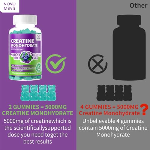 Creatine Monohydrate Gummies 5000mg for Men & Women, Chewables Creatine Monohydrate for Muscle Strength, Muscle Builder, Energy Boost, Pre-Workout Supplement(90 Count)-Blueberry flavor.